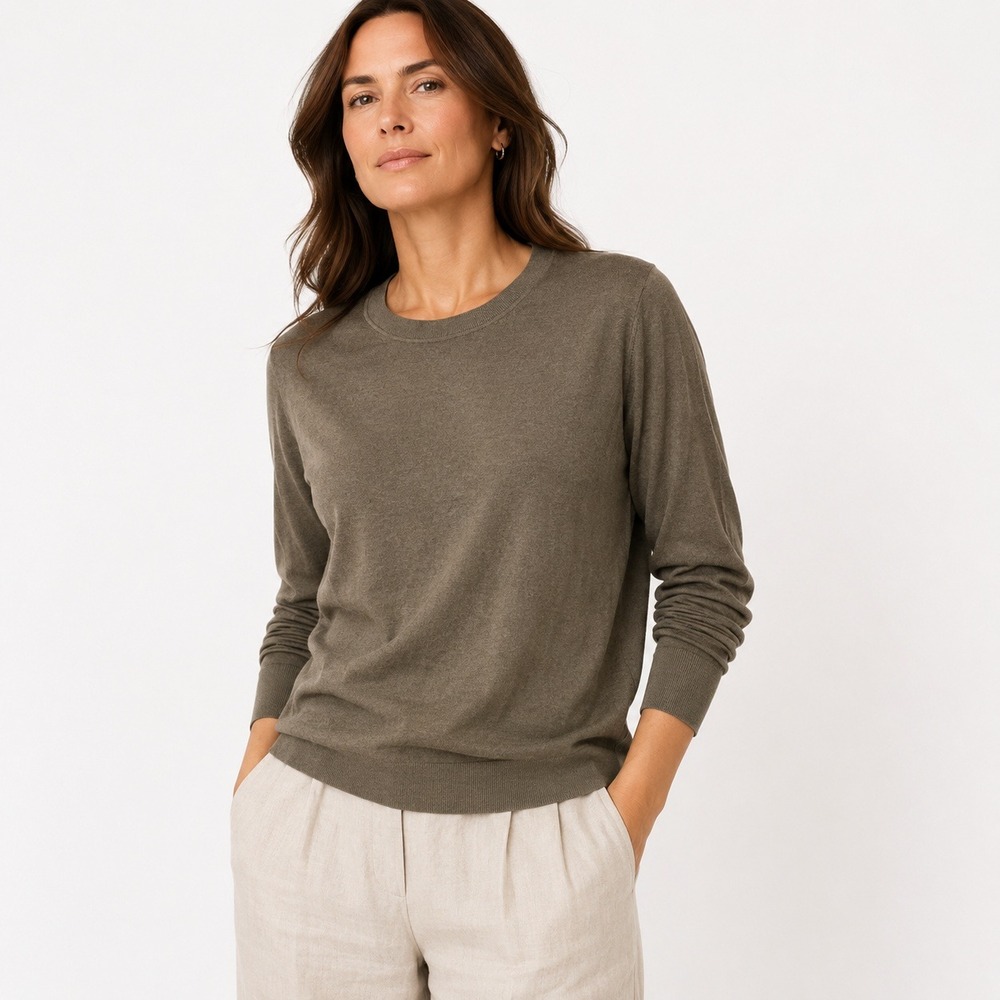 Quince Organic Cotton Cashmere Crew Sweater L Olive Minimalist Lightweight